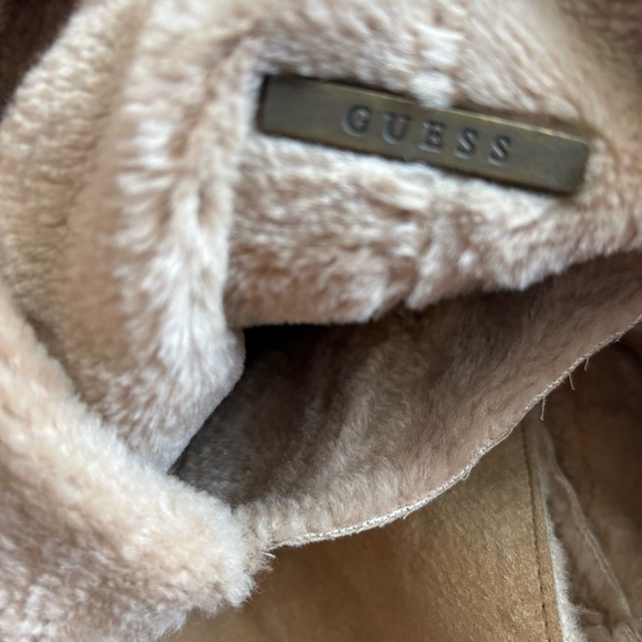 GUESS Genuine Leather Shearling Coat Tan Long Vintage 90s Y2K Size L - Picture 12 of 13